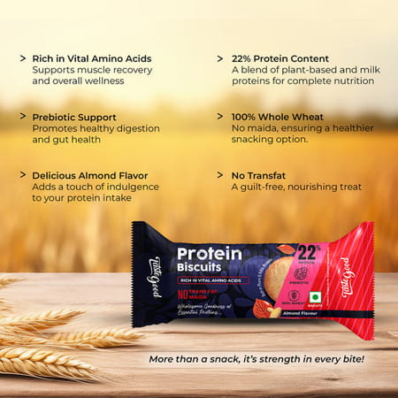 Taste Good Protein Biscuits | Almond Flavour | 22% Plant & Milk Protein | 10x75gm