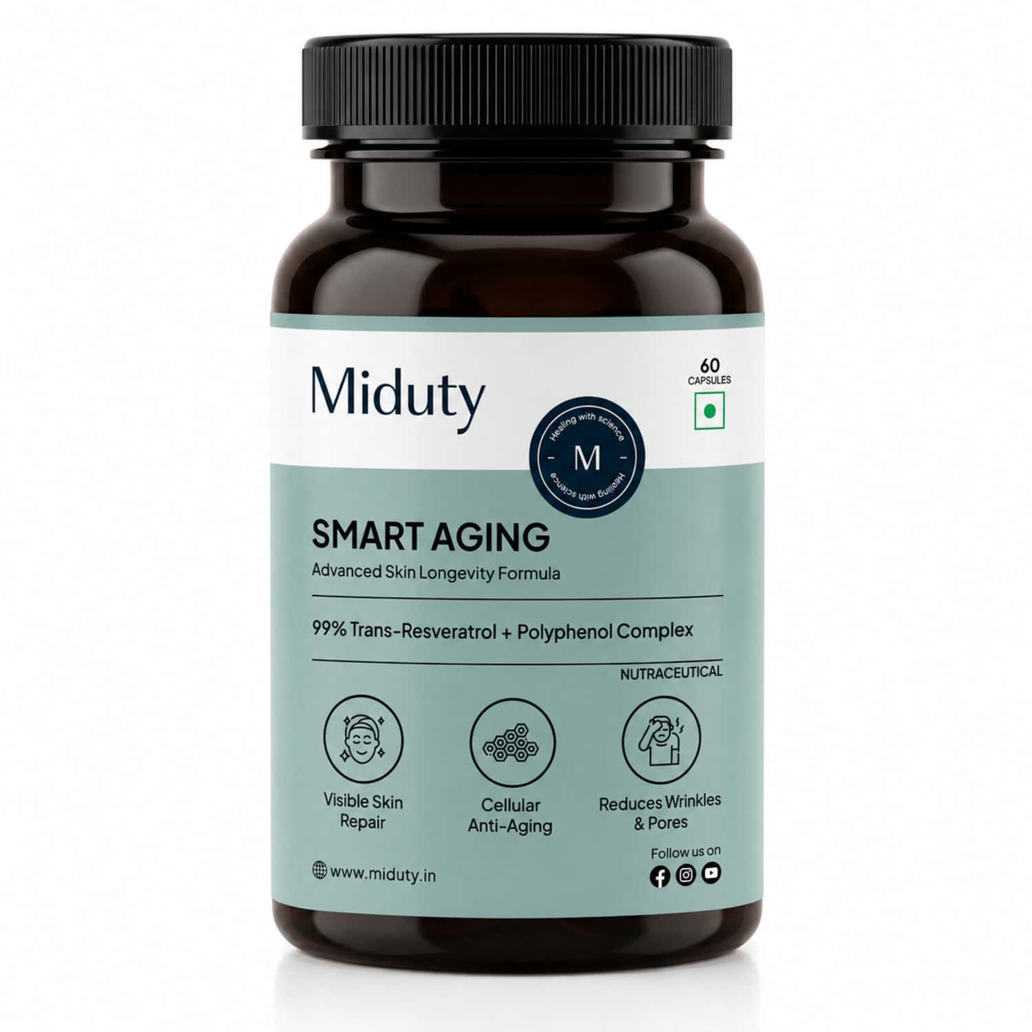Miduty Trans-resveratrol 99% Anti-aging Formula | Skin & Wrinkle Support | 60 Veg Capsules