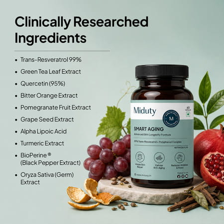 Miduty Smart Aging Trans-Resveratrol 99% Anti-Aging Formula | Skin & Wrinkle Support | 60 Capsules