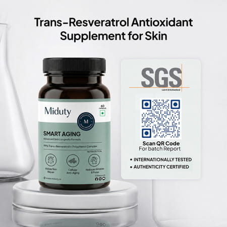 Miduty Smart Aging Trans-Resveratrol 99% Anti-Aging Formula | Skin & Wrinkle Support | 60 Capsules