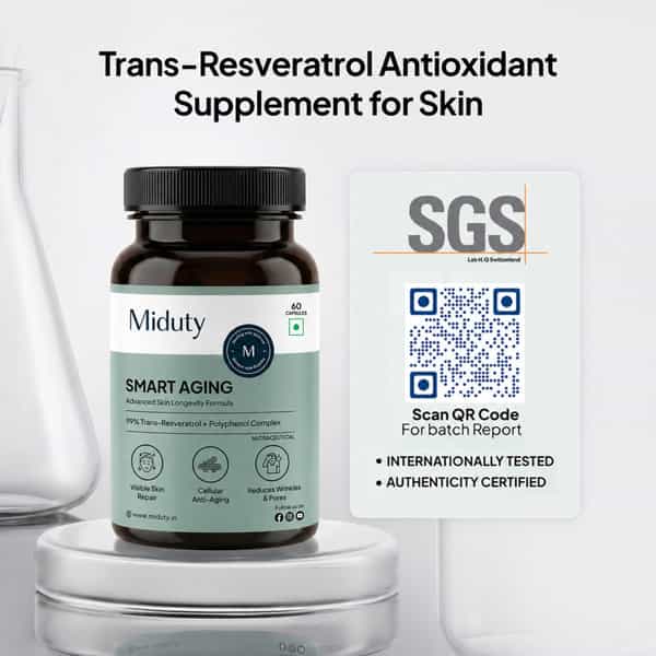 Miduty Smart Aging Trans-Resveratrol 99% Anti-Aging Formula | Skin & Wrinkle Support | 60 Capsules