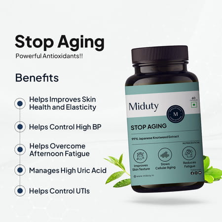 Miduty Stop Aging-Trans Resveratrol 99% Supplement-Green Tea-Quercetin-Bp-Anti Aging - 60 Capsules