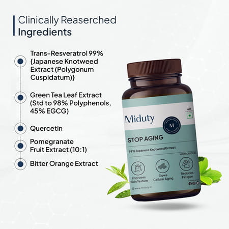 Miduty Stop Aging-Trans Resveratrol 99% Supplement-Green Tea-Quercetin-Bp-Anti Aging - 60 Capsules