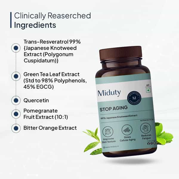 Miduty Stop Aging-Trans Resveratrol 99% Supplement-Green Tea-Quercetin-Bp-Anti Aging - 60 Capsules