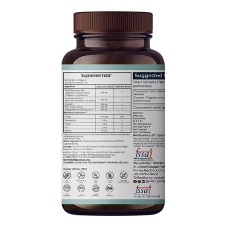 Miduty Stop Aging-Trans Resveratrol 99% Supplement-Green Tea-Quercetin-Bp-Anti Aging - 60 Capsules