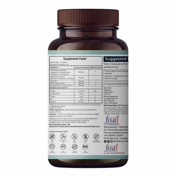 Miduty Stop Aging-Trans Resveratrol 99% Supplement-Green Tea-Quercetin-Bp-Anti Aging - 60 Capsules