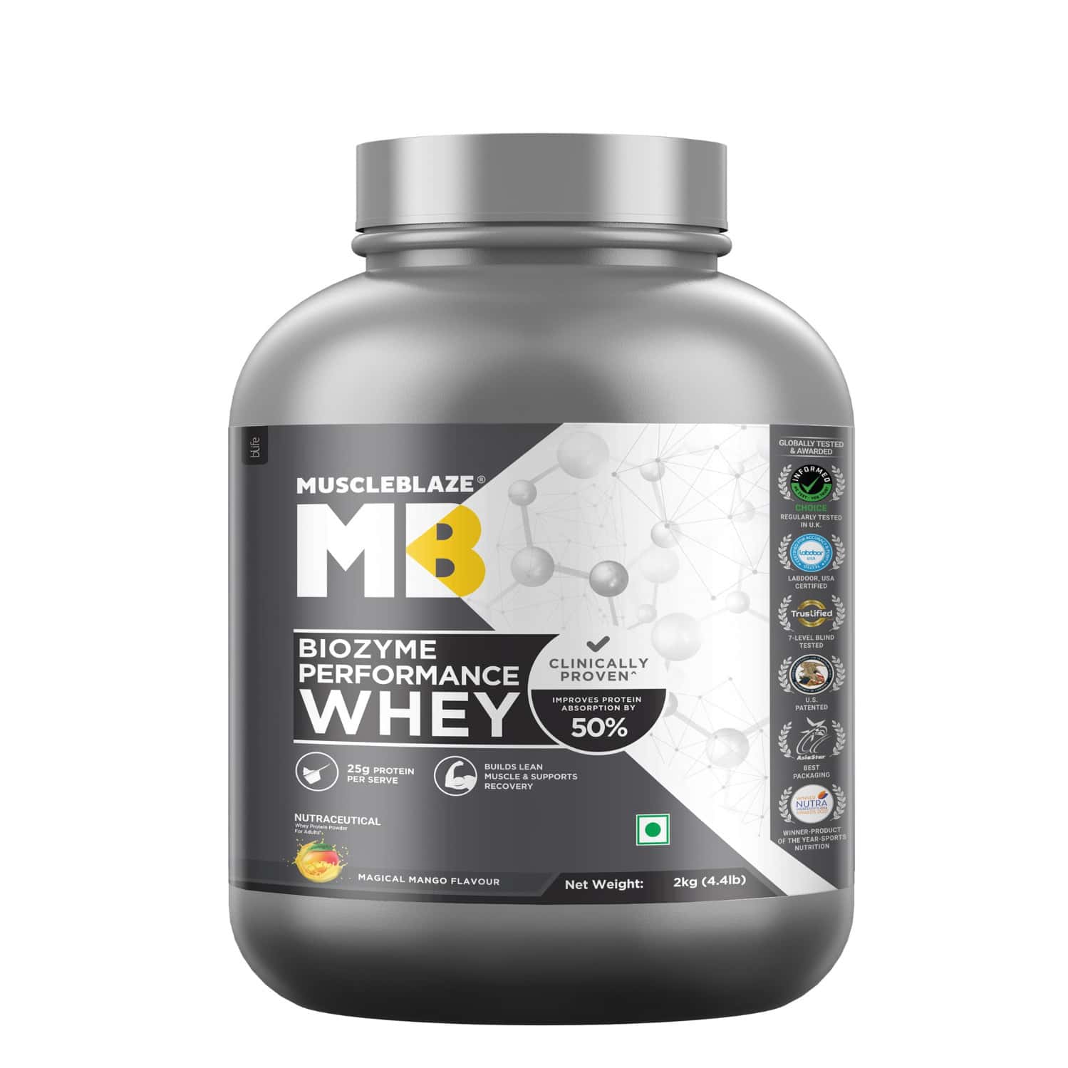 Muscleblaze Biozyme Performance Whey Protein | Magical Mango | 2kg| 25g Protein Per Scoop