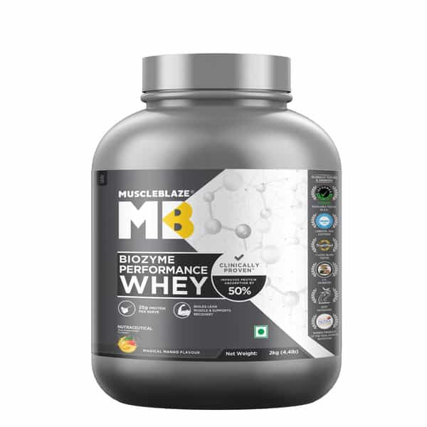 Muscleblaze Biozyme Performance Whey Protein | Magical Mango | 2Kg| 25G Protein Per Scoop