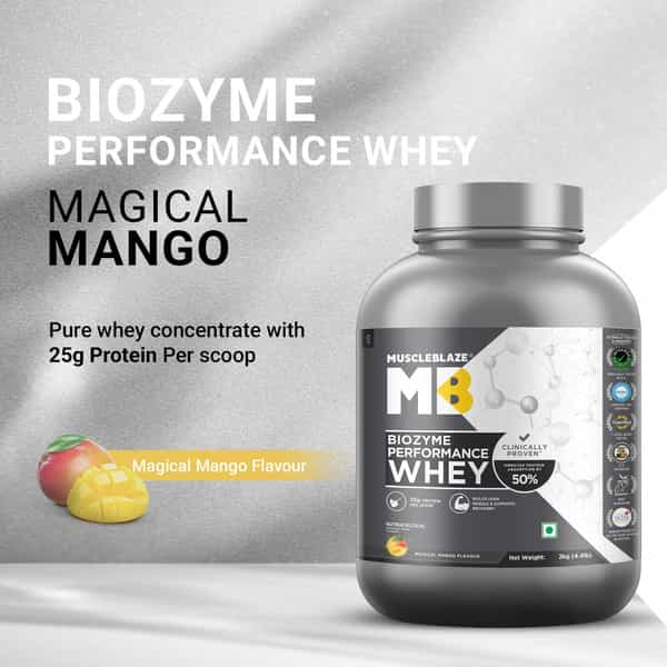 Muscleblaze Biozyme Performance Whey Protein | Magical Mango | 2Kg| 25G Protein Per Scoop