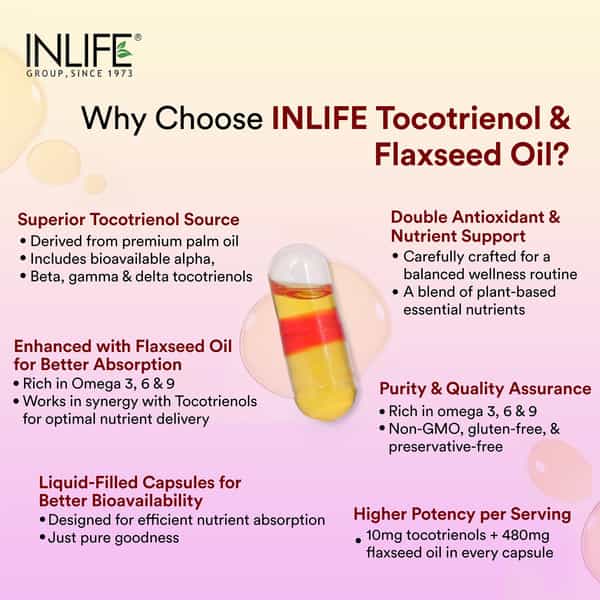 Inlife Tocotrienol Oil 10Mg (Gold Tri.e) & Flaxseed Oil 480Mg Capsules | Veg - 60N