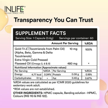 Inlife Tocotrienol Oil 10mg (Gold Tri.E) & Flaxseed Oil 480mg Capsules | Veg - 60n