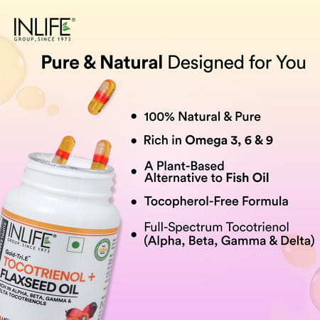 Inlife Tocotrienol Oil 10mg (Gold Tri.E) & Flaxseed Oil 480mg Capsules | Veg - 60n