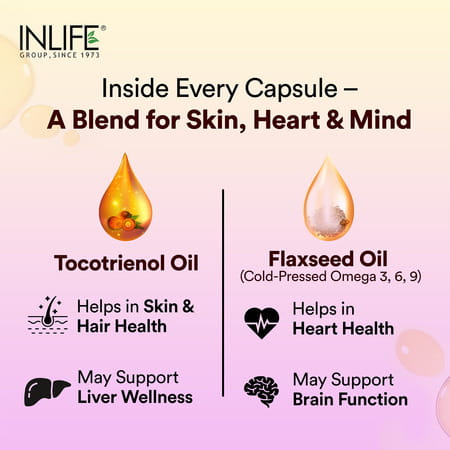 Inlife Tocotrienol Oil 10mg (Gold Tri.E) & Flaxseed Oil 480mg Capsules | Veg - 60n