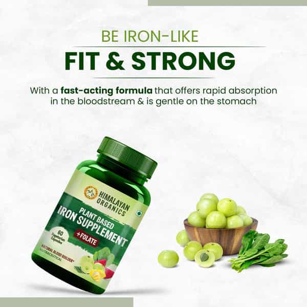 Himalayan Organics Plant Based Iron Supplement | Nutural Blood Builder | Bottle | 60 Veg Capsules