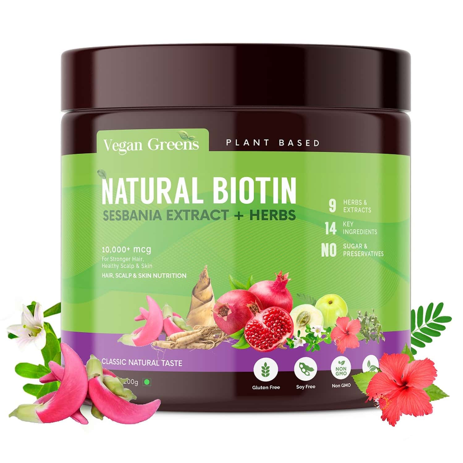 Vegan Greens Natural Plant Biotin 10,000+ Mcg Sesbania Agati, 14 Herbs & More. 200g, Classic Natural