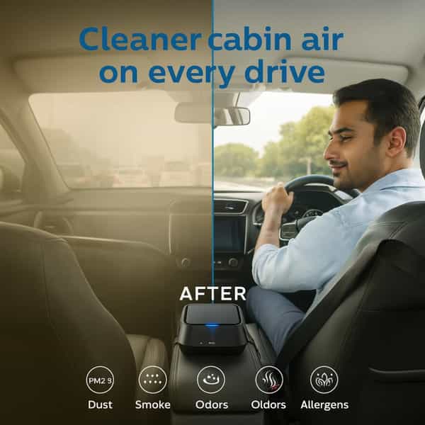 Philips Go Pure 5211 Car Air Purifier With Filter Auto On Off With Ignition Strap Mount Black 1 No's