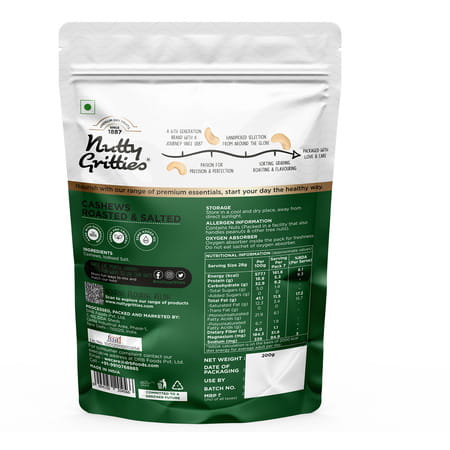 Nutty Gritties Roasted Cashews| Lightly Salted And Dry Roasted Healthy Snack - 200g