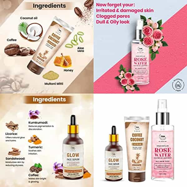 Tnw The Natural Wash Skincare Combo With Glow Face Serum | T Scrub & Steam Distilled Rose Water