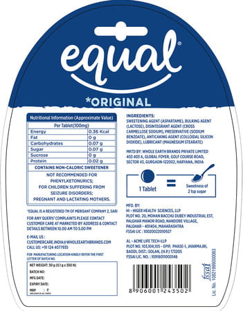 Equal Sweetener Sugar Free Low Calories Sugar Control 300 Tablets Pack Of 3