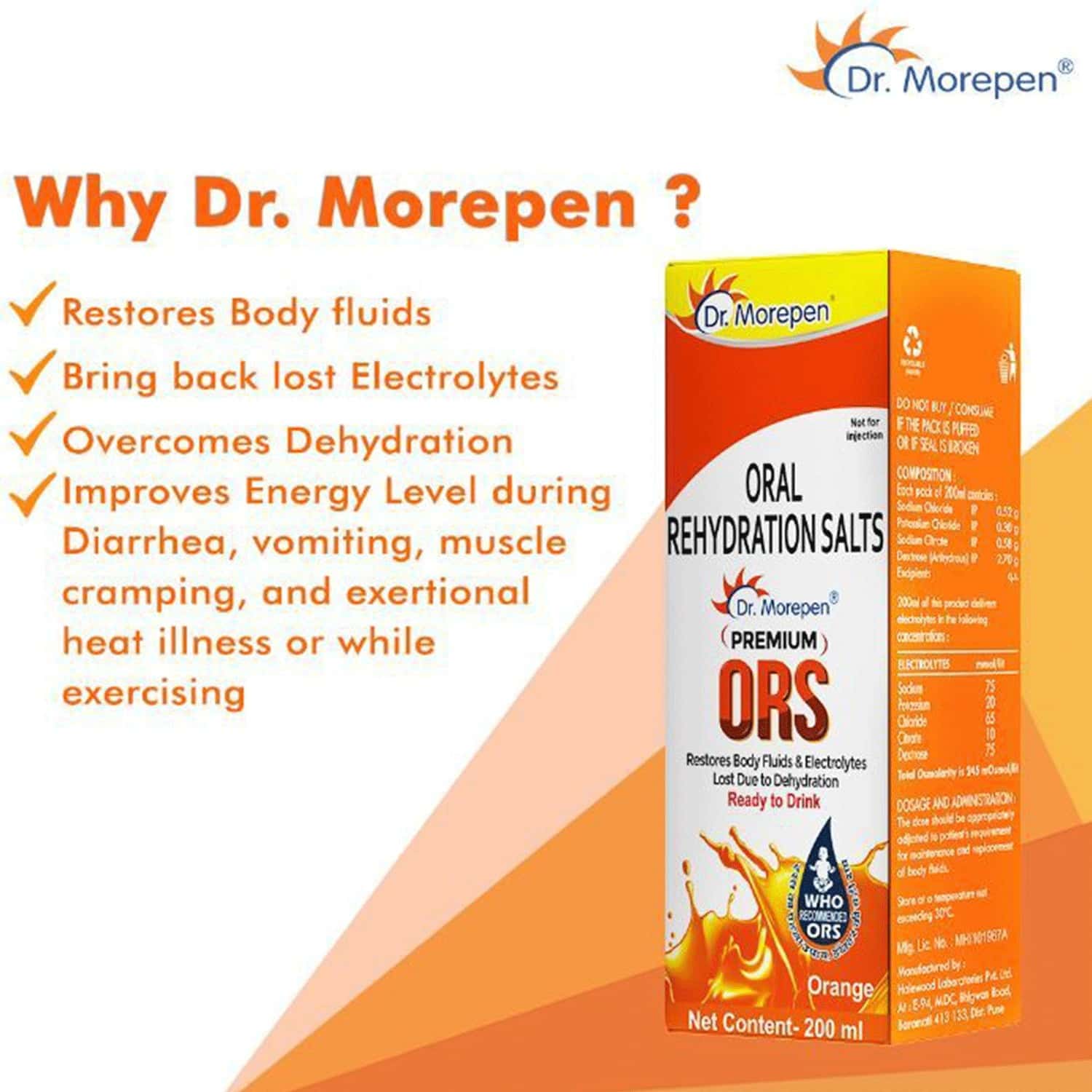Buy DR MOREPEN PREMIUM ORS DRINK WITH ELECTROLYTES ORANGE FLAVOUR