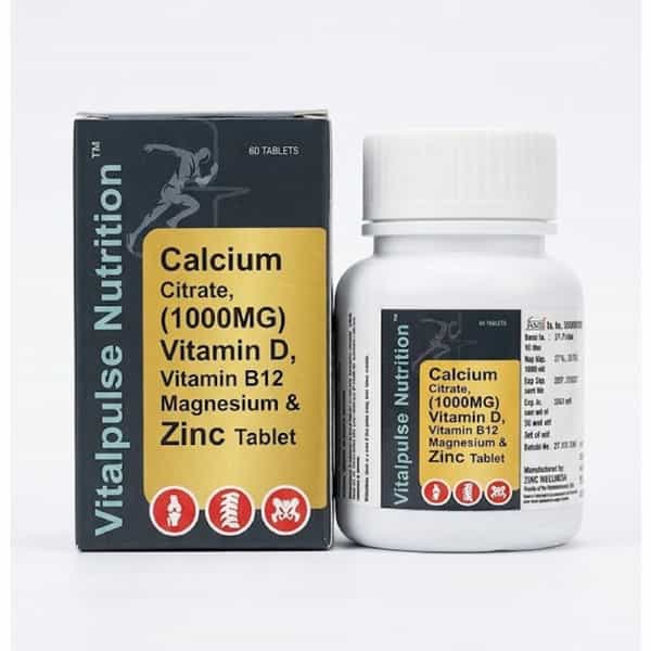 Vitalpulse Nutrition Calcium Citrate 1000Mg With Vitamin D| B12| Magnesium & Zinc - 60 Tablets