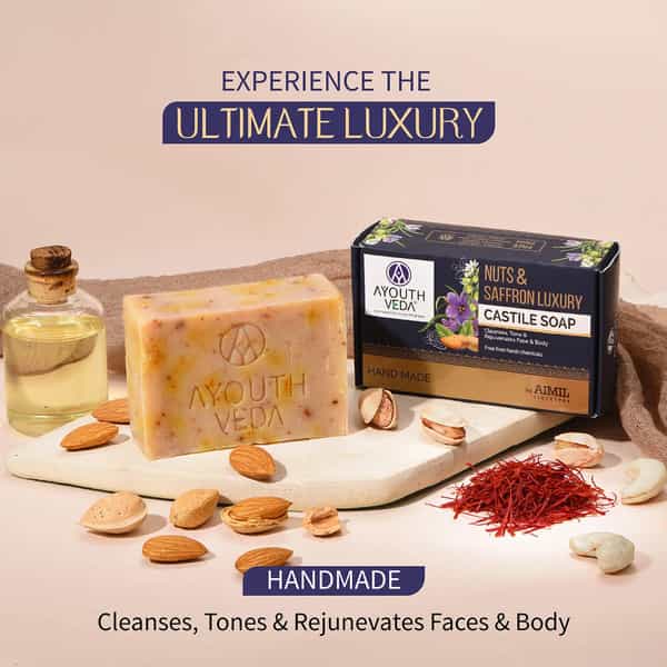 Ayouthveda Nuts & Saffron Handmade Castile Soap With Nourishing Oils For Clensed & Soft Skin 110 Gm