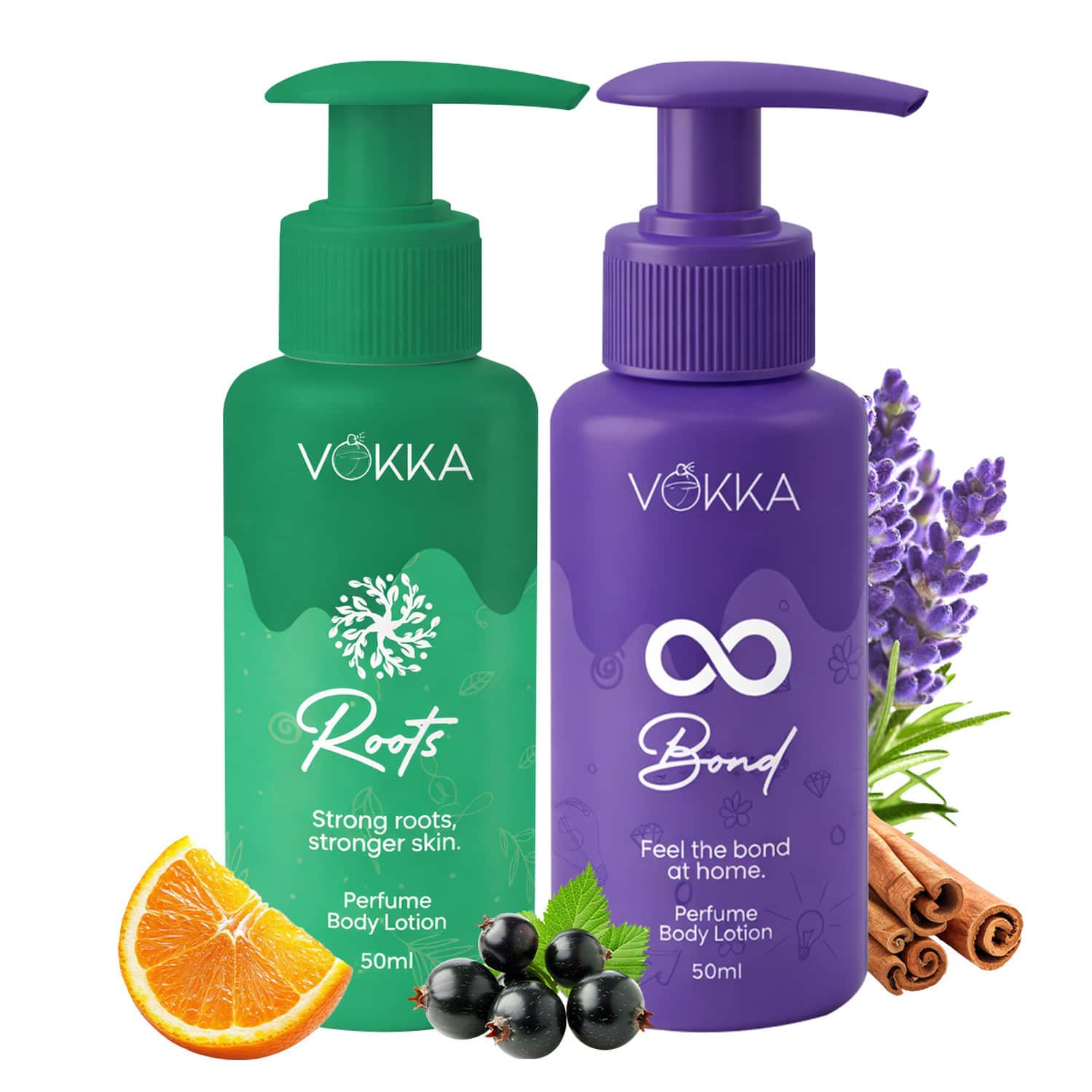 Vokka Roots & Bonds Perfume Body Lotion | Citrus Honey Vanilla Musk & Warm Woody Fragrance - 2x50ml