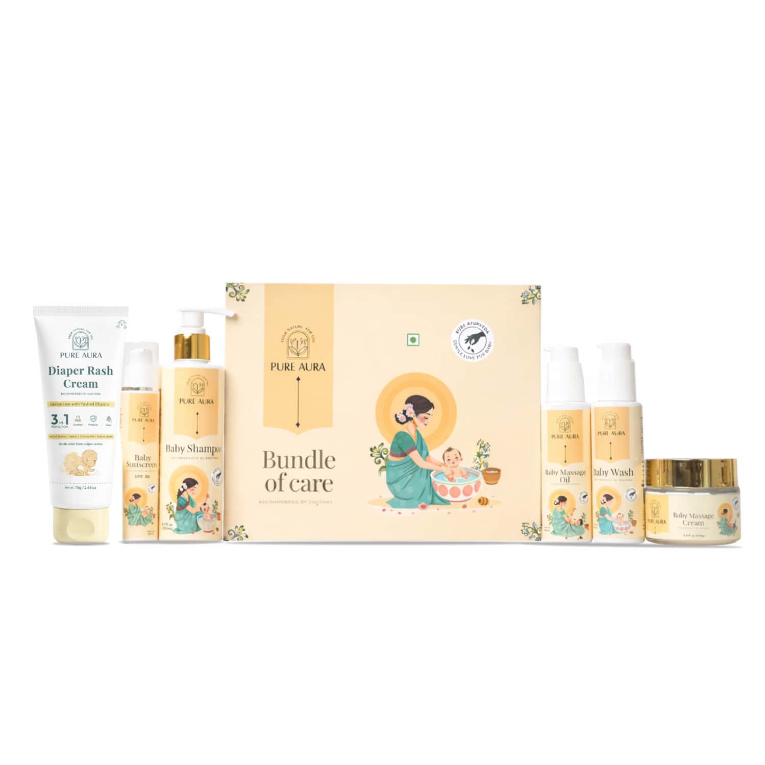 Pure Aura Baby Wellness Kit Lotion| Bodywash| Massage Oil| Face&Diaper Rash Cream Spf30 Sunscreen