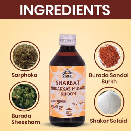 Cipzer Sharbat Murakkab Musaffi Khoon | Purifies Blood| Relieves Itching| Piles & Acne | 200 Ml