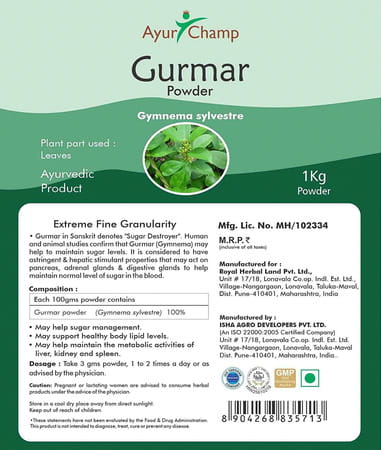 Ayur Champ - Pack Of 5 - Gurmar Powder | Madhunashini Powder - 1 Kg