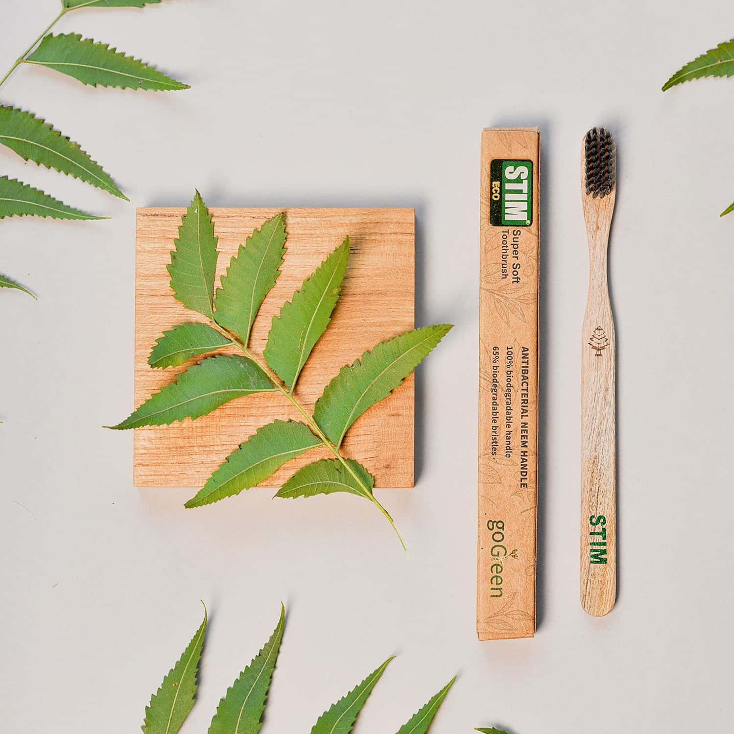 Stim Eco Charcoal Wooden Toothbrush|Charcoal Infused Bristles|Anti-Microbial Neem Handle|Pack Of 2