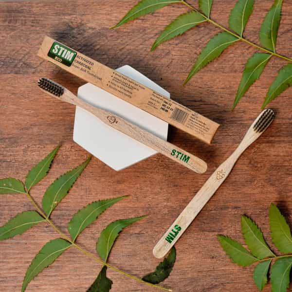 Stim Eco Charcoal Wooden Toothbrush|Charcoal Infused Bristles|Anti-Microbial Neem Handle|Pack Of 2