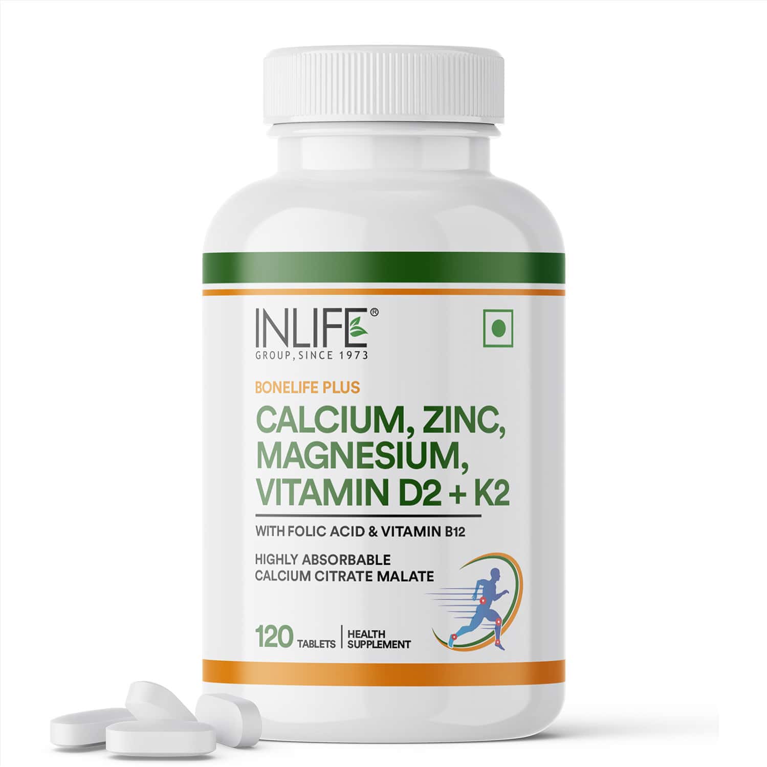 Inlife Calcium Magnesium Zinc Vitamin D K2 Folic Acid & B12- Bone & Joint Supplement- 120 Tablets