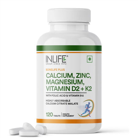 Inlife Calcium Magnesium Zinc Vitamin D K2 Folic Acid & B12- Bone & Joint Supplement- 120 Tablets