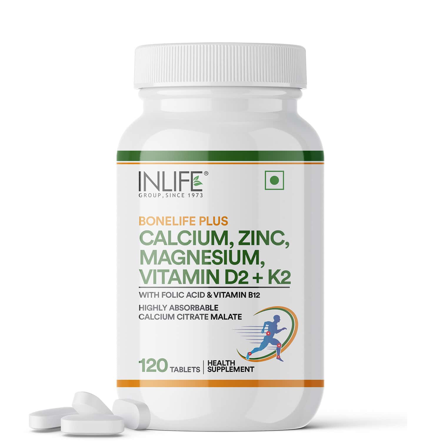 Inlife Calcium Magnesium Zinc Vitamin D K2 Folic Acid & B12- Bone & Joint Supplement- 120 Tablets