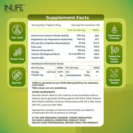 Inlife Calcium Magnesium Zinc Vitamin D K2 Folic Acid & B12- Bone & Joint Supplement- 120 Tablets