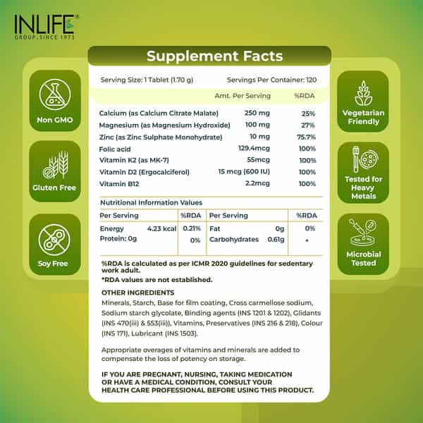 Inlife Calcium Magnesium Zinc With K2 Mk7 For Bone Health - 120 Tablets