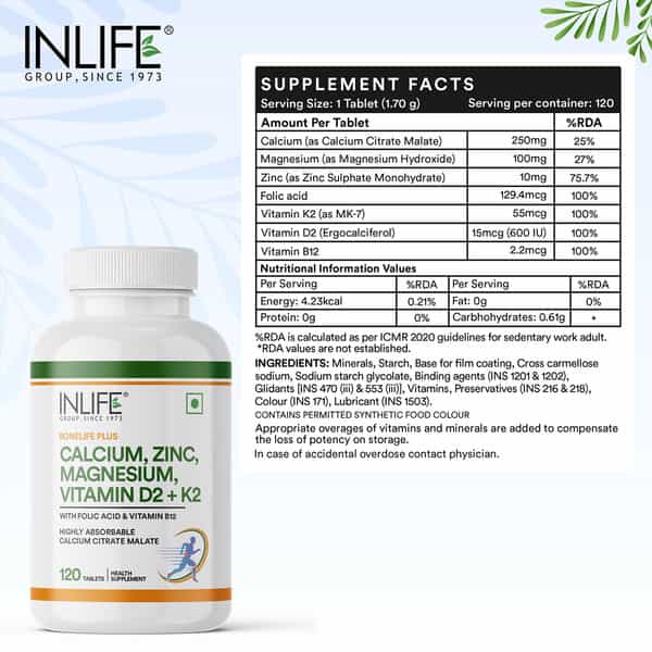 Inlife Calcium Magnesium Zinc Vitamin D K2 Folic Acid & B12- Bone & Joint Supplement- 120 Tablets