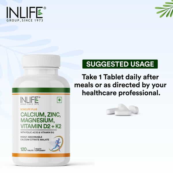Inlife Calcium Magnesium Zinc Vitamin D K2 Folic Acid & B12- Bone & Joint Supplement- 120 Tablets