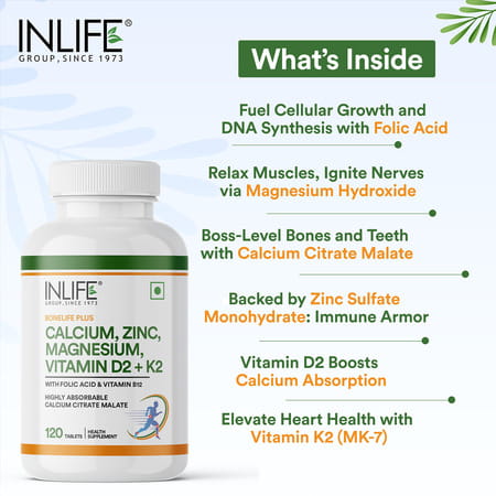 Inlife Calcium Magnesium Zinc Vitamin D K2 Folic Acid & B12- Bone & Joint Supplement- 120 Tablets