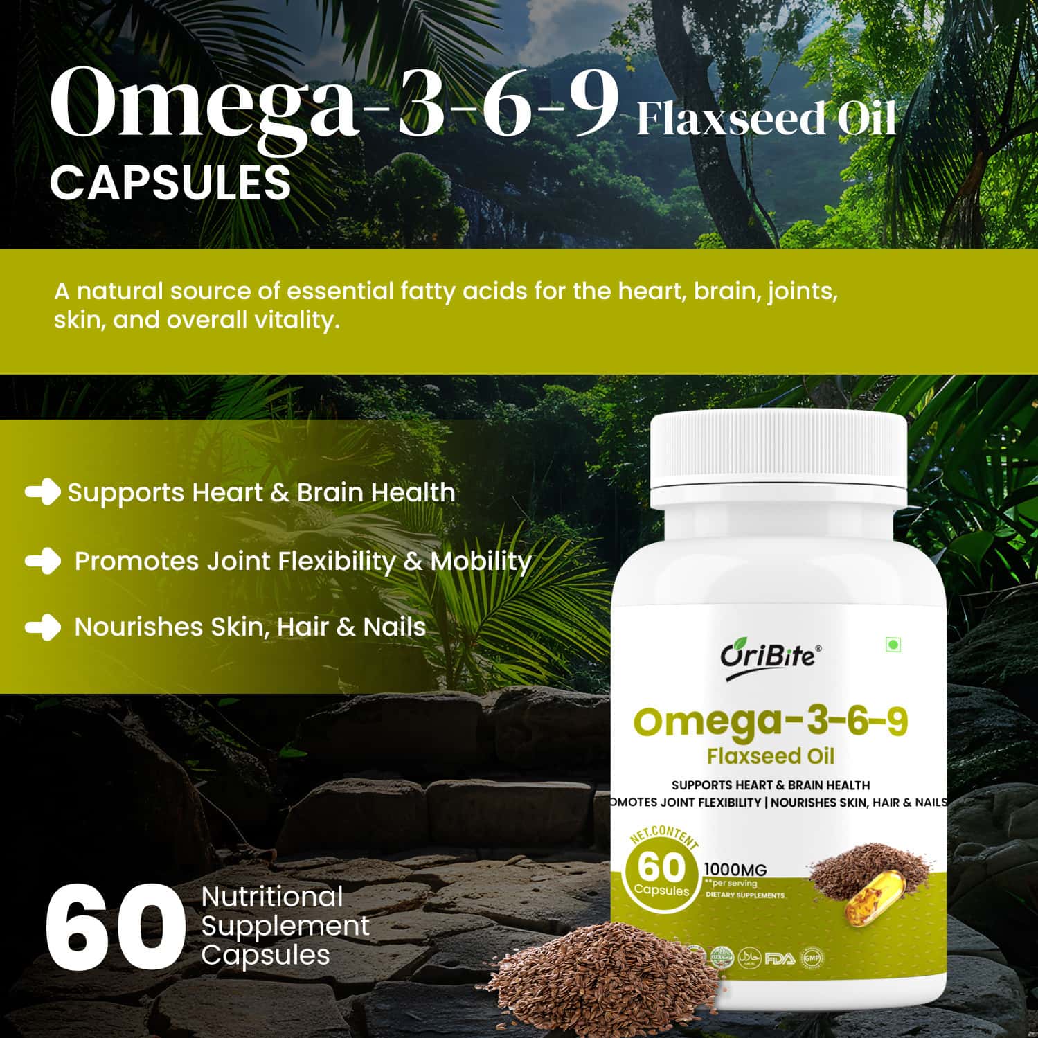Oribite Omega 3-6-9 Flaxseed Capsules For Heart Health 60 Capsules
