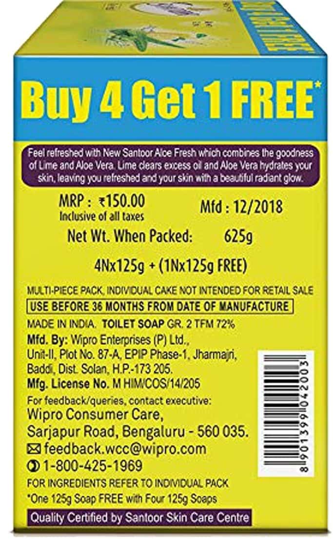 Buy SANTOOR ALOE FRESH SOAP (BUY 4 GET 1 FREE) 125 GM EACH Online