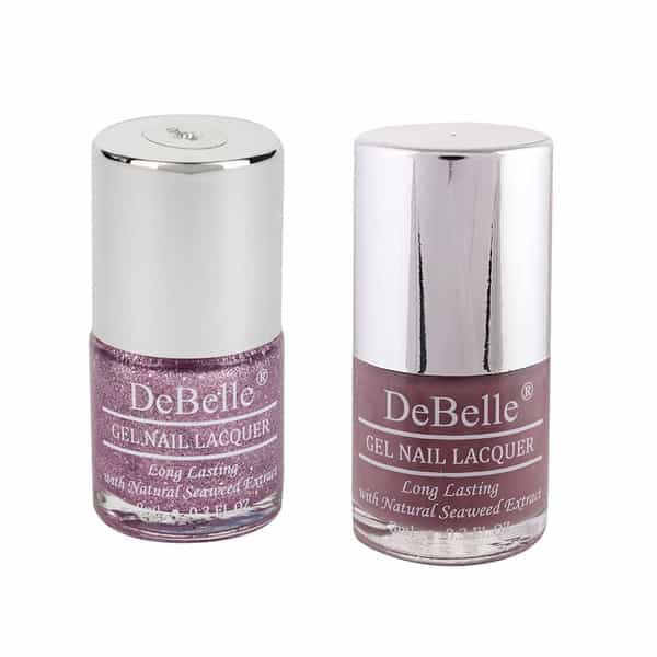 Debelle Gel Nail Polish Combo Of 2 Ophelia(Lavender With Holo Glitter) | Majestique Mauve(Mauve)16Ml