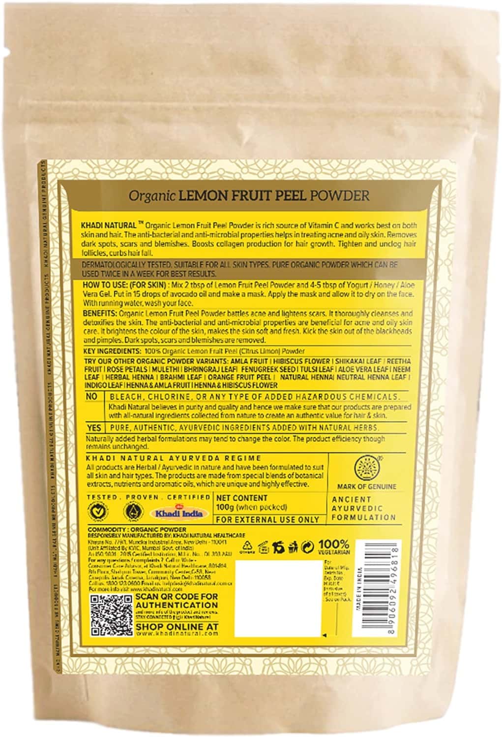 Buy KHADI NATURAL LEMON FRUIT PEEL ORGANIC POWDER 100 GM Online & Get