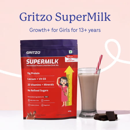 Gritzo Supermilk Growth+ (13+Y Girls) (Double Chocolate) | 800g With Super Gummies | Pack Of 2