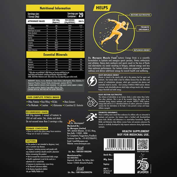 Dr. Morepen Muscle Food Isotonic Powder For Instant Energy And Hydration Mango Orange Flavour-1Kg