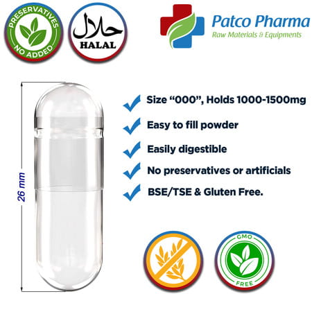 Patco Pharma- Size 000 Transparent Empty Gelatin Pill Capsule|Diy Powder Filling (Pack Of 500 Pcs)