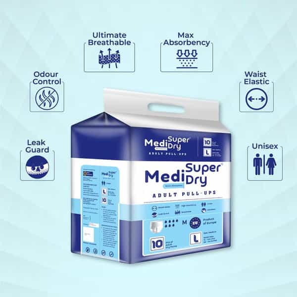 Medisuperdry Adult Diaper Pants Large | Pull-Ups | Elastic Waist Size 101-152 Cm | 10 Piece