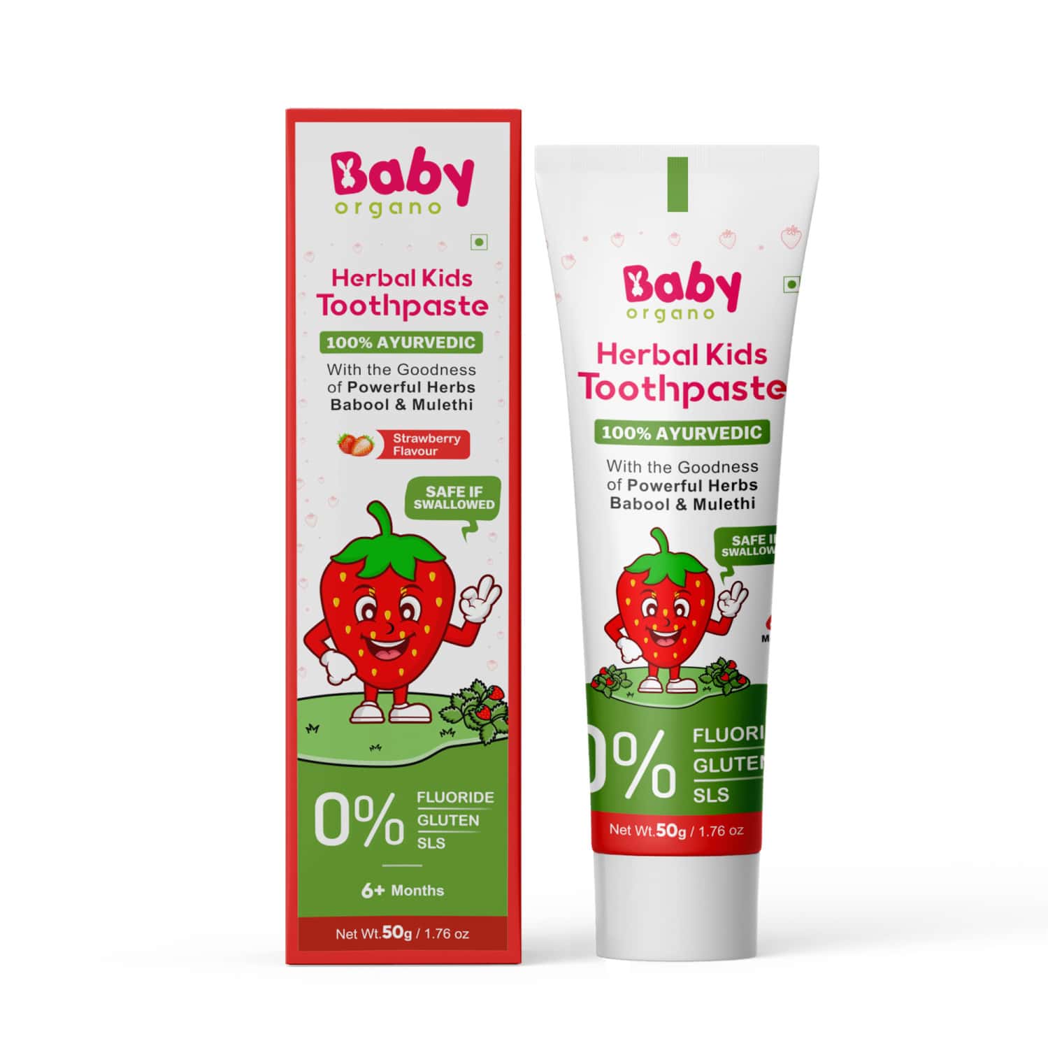 Babyorgano Strawberry Herbal Toothpaste For Kids Babool, Mulethi, Non-gel, 50gm Fluoride & Sls Free