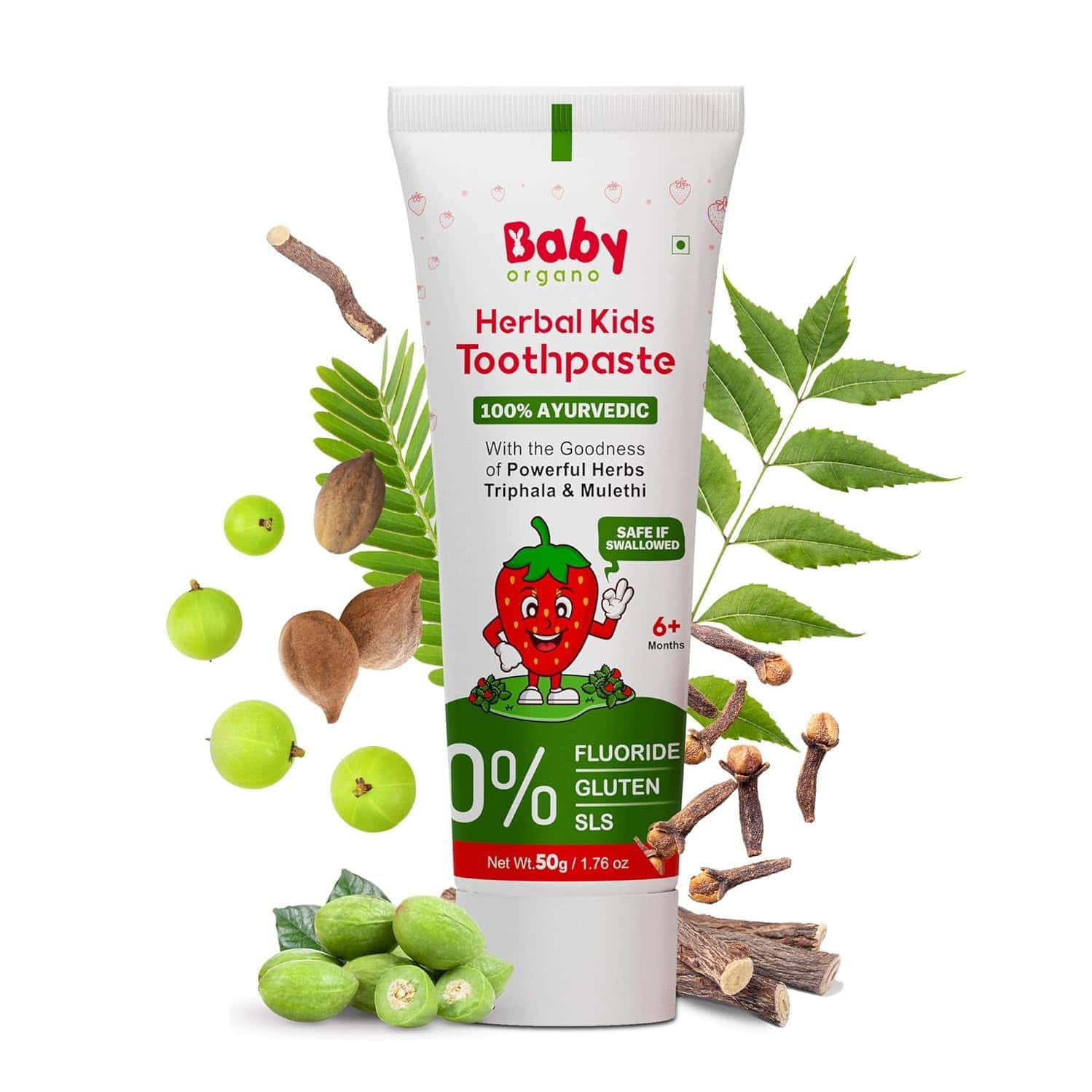 Babyorgano Strawberry Herbal Toothpaste For Kids Babool, Mulethi, Non-gel, 50gm Fluoride & Sls Free